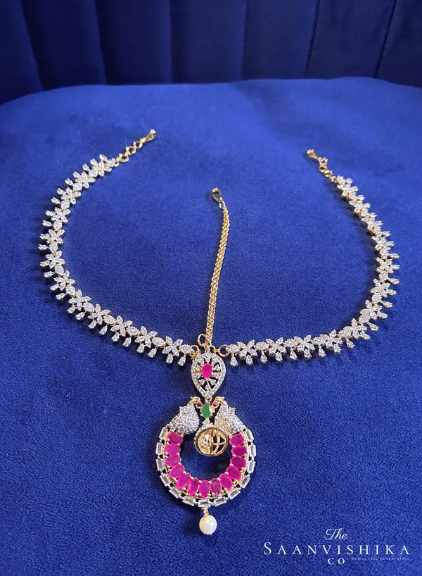 Red_Alloy_Dual_Peacock_Floral_Chain_Maang_Tikka_For_Women