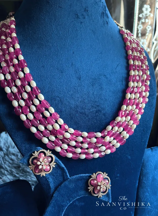 Pink_Alloy_Blend_5-Line_Beaded_Mala_Necklace_Set_With_Floral_Studs_For_Women