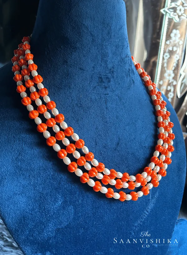 Orange_White_Alloy_3_Line_Pumpkin_Beaded_Mala_Necklace_For_Women