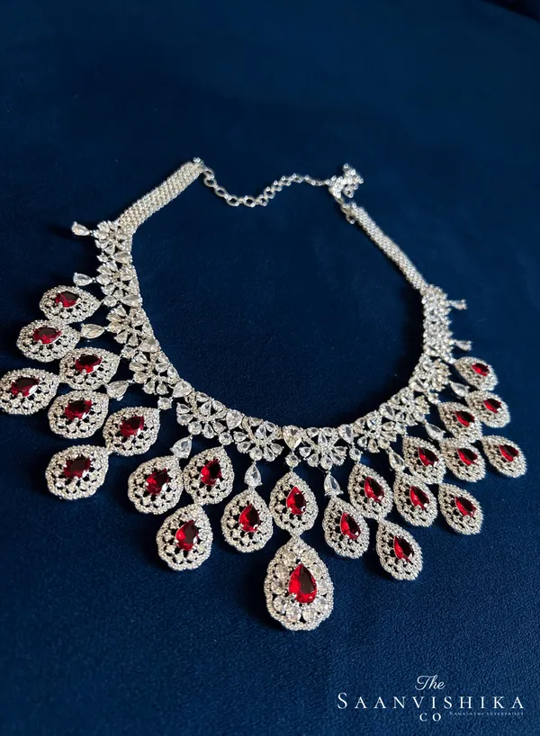 Red_Alloy_Blend_Double_Droplet_Cz_Diamond_Necklace_For_Women