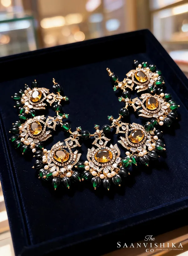 Yellow_Alloy_Victorian_Beads_Necklace_With_Earrings_For_Women