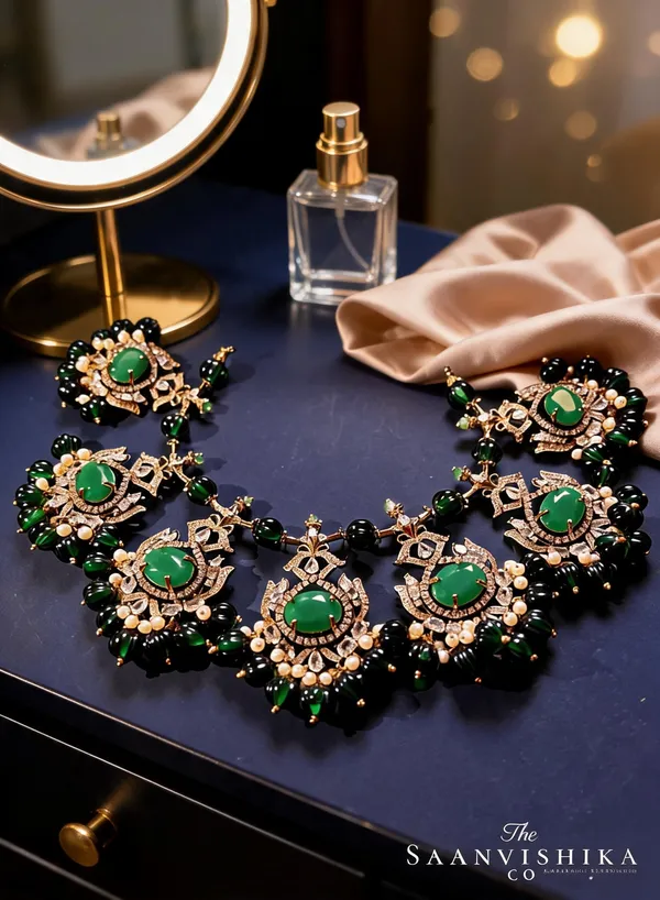 Dark_Green_Alloy_Victorian_Beads_Necklace_With_Earrings_For_Women