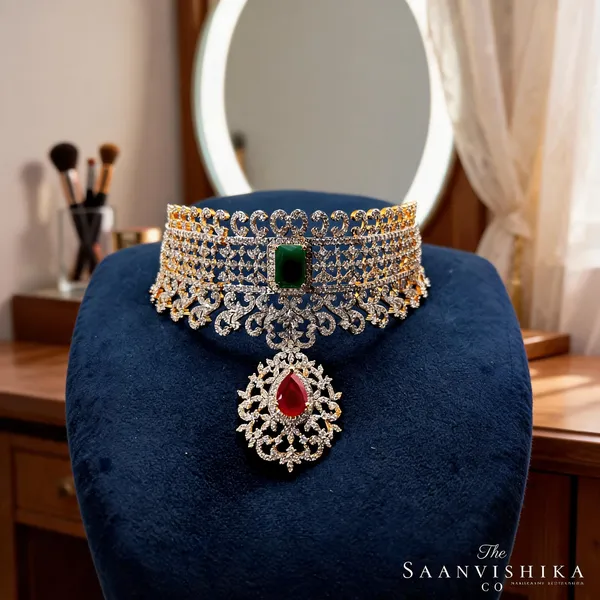 Multicolor_Alloy_Diamond_Replica_Close_Neck_Choker_Set_For_Women