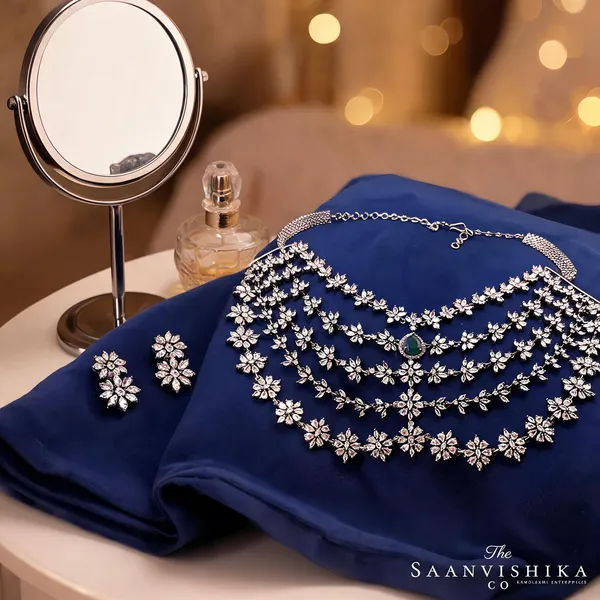 Green_Alloy_5_Layer_Victorian_Diamond_Necklace_With_Earrings_For_Women