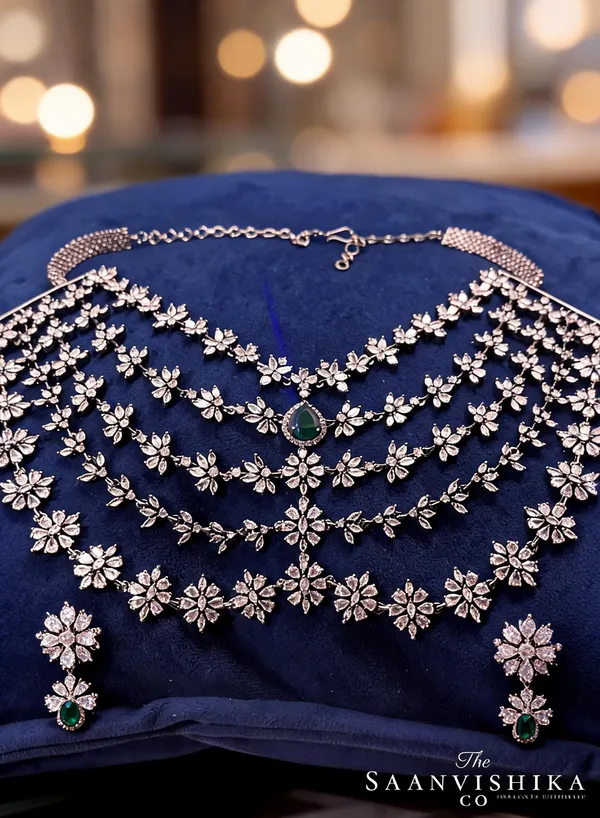 Green_Alloy_5_Layer_Victorian_Diamond_Necklace_With_Earrings_For_Women