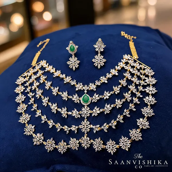 Green_Alloy_Blend_5-Layer_Diamond_Necklace_With_Earrings_For_Women