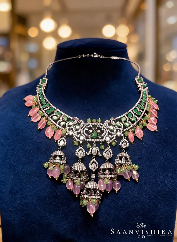 Multicolor_Alloy_Multi_Beaded_Peacock_Necklace_Set_For_Women