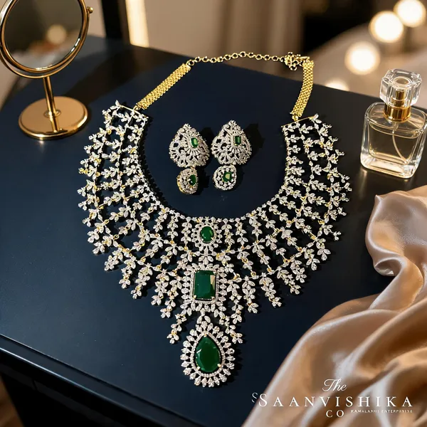 Green_Alloy_Blend_Triple_Gemstone_Cz_Diamond_Bridal_Necklace_Set_For_Women