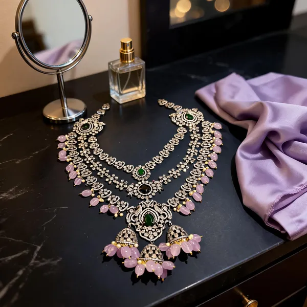 Pink_Green_Alloy_Triple_Gemstone_Beads_Diamond_Necklace_For_Women