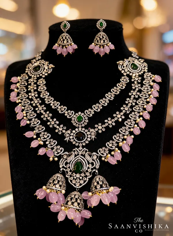 Pink_Green_Alloy_Triple_Gemstone_Beads_Diamond_Necklace_For_Women