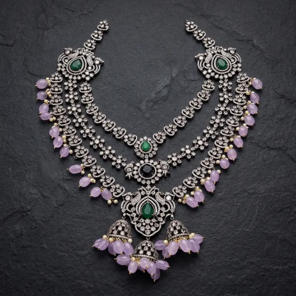 Pink_Green_Alloy_Triple_Gemstone_Beads_Diamond_Necklace_For_Women