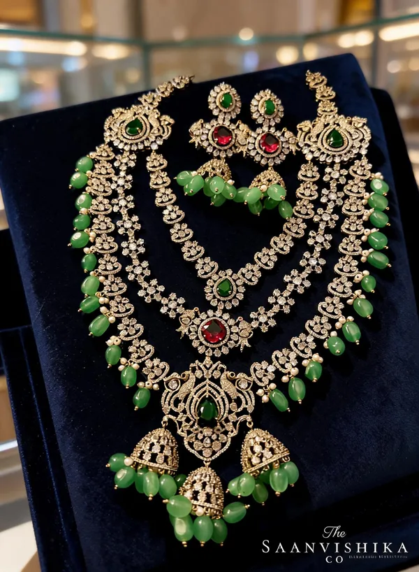 Green_Alloy_Triple_Gemstone_Beads_Diamond_Necklace_For_Women