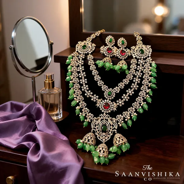 Green_Alloy_Triple_Gemstone_Beads_Diamond_Necklace_For_Women