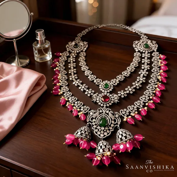 Pink_Alloy_Triple_Gemstone_Beads_Necklace_For_Women