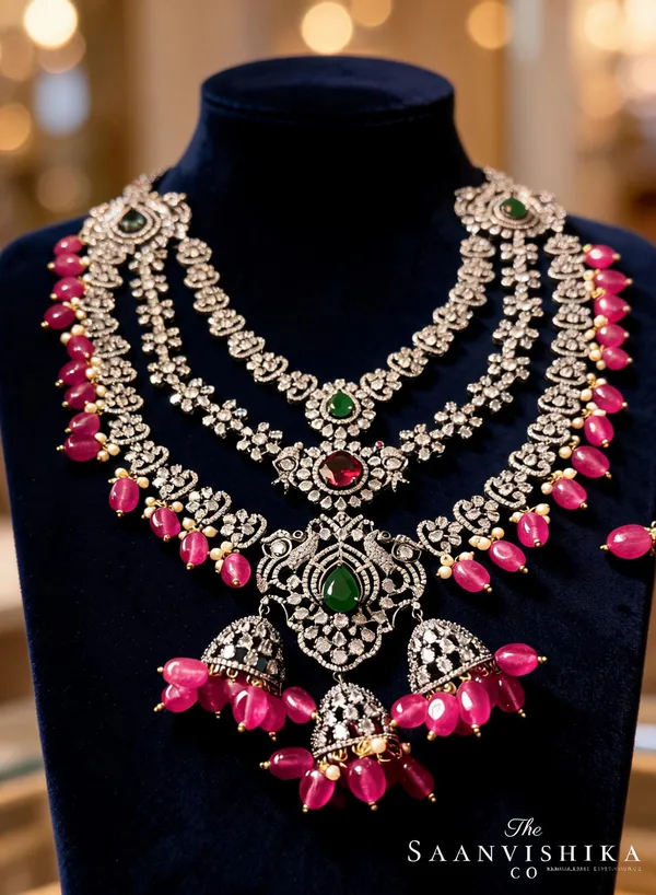 Pink_Alloy_Triple_Gemstone_Beads_Necklace_For_Women