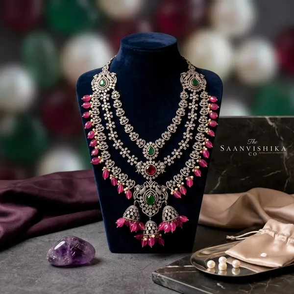 Pink_Alloy_Triple_Gemstone_Beads_Necklace_For_Women