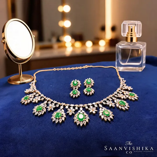 Green_Alloy_Blend_Hexagonal_Gem_Diamond_Necklace_With_Earrings_For_Women