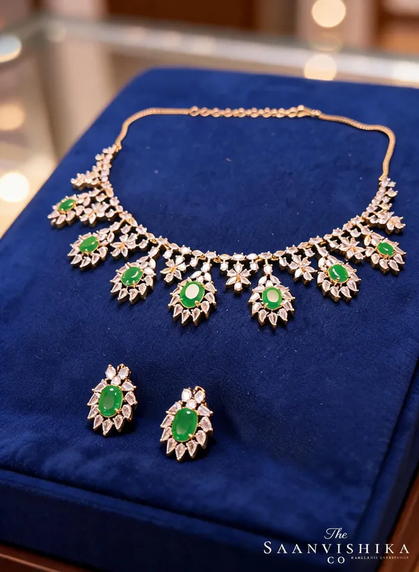 Green_Alloy_Blend_Hexagonal_Gem_Diamond_Necklace_With_Earrings_For_Women