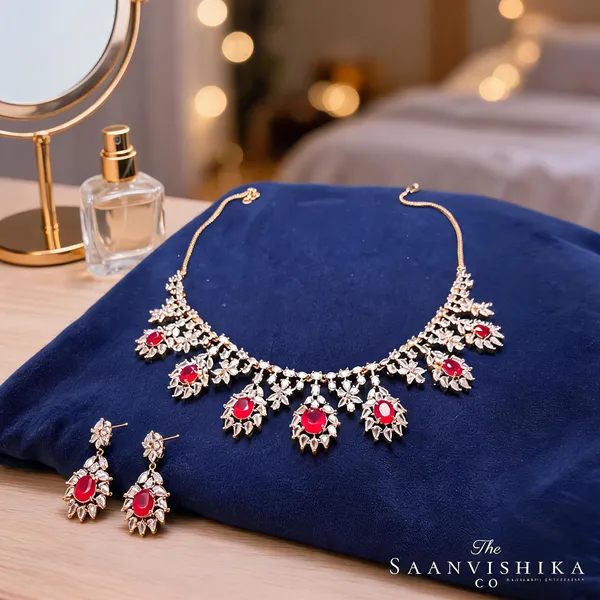 Red_Alloy_Blend_Hexagonal_Gem_Diamond_Necklace_With_Earrings_For_Women