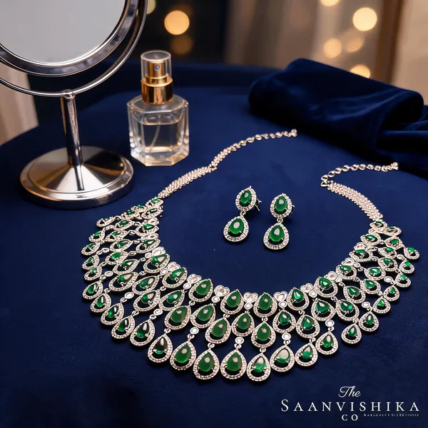 Green_Alloy_3_Layer_Droplet_Necklace_With_Earrings_For_Women