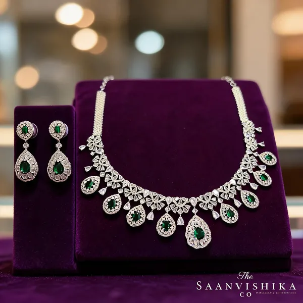 Green_Alloy_Hexagonal_Droplet_Necklace_With_Earrings_For_Women