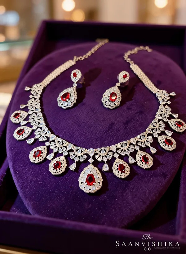Red_Alloy_Blend_Hexagonal_Droplet_Diamond_Necklace_With_Earrings_For_Women