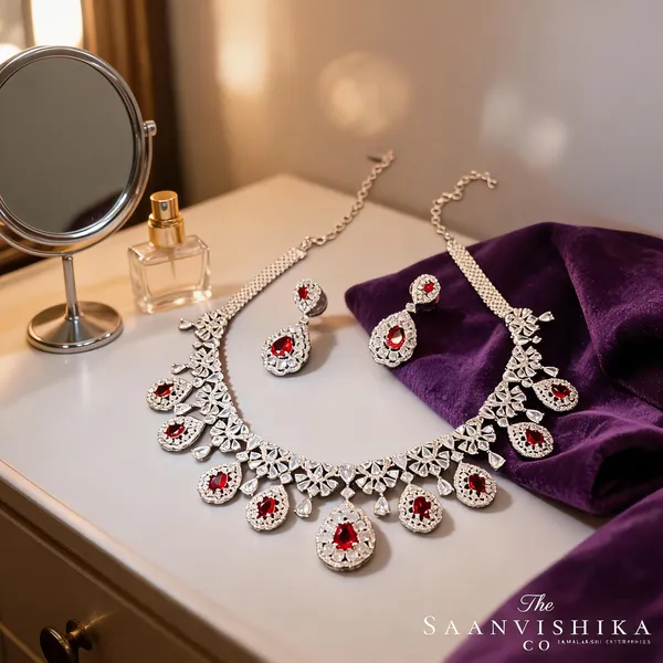Red_Alloy_Blend_Hexagonal_Droplet_Diamond_Necklace_With_Earrings_For_Women
