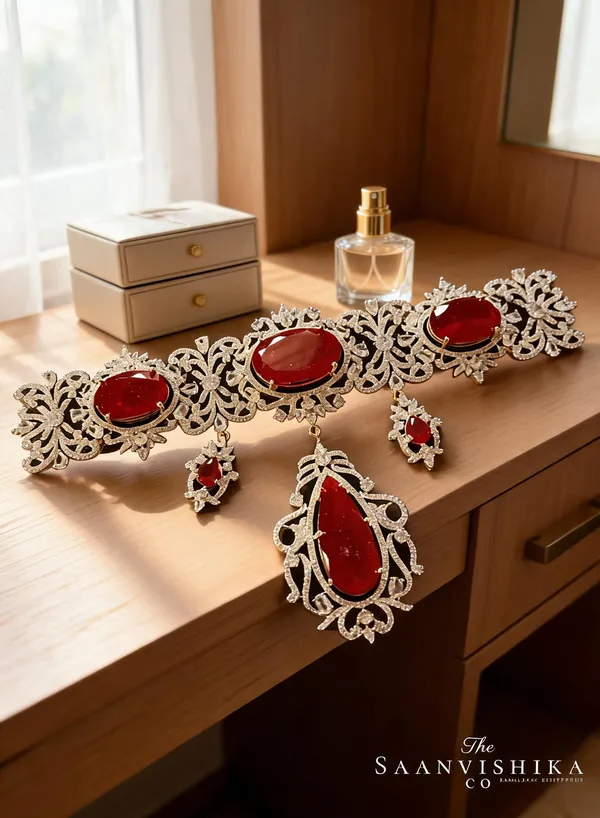 Red_Alloy_Blend_Gemstone_Diamond_Choker_Set_With_Earrings_For_Women