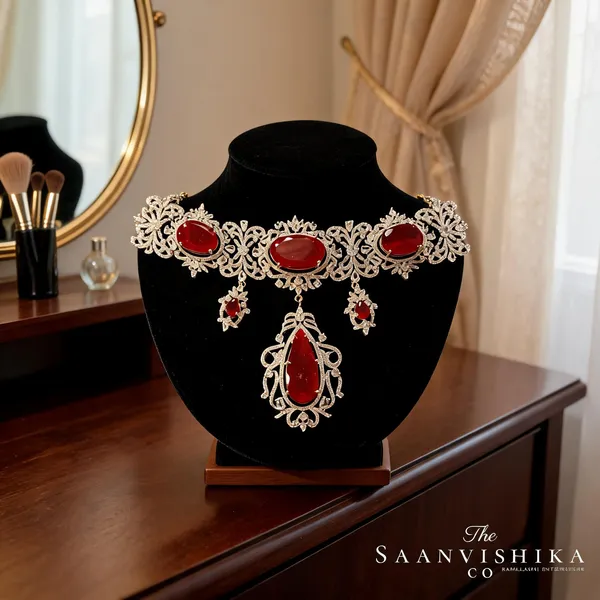 Red_Alloy_Blend_Gemstone_Diamond_Choker_Set_With_Earrings_For_Women