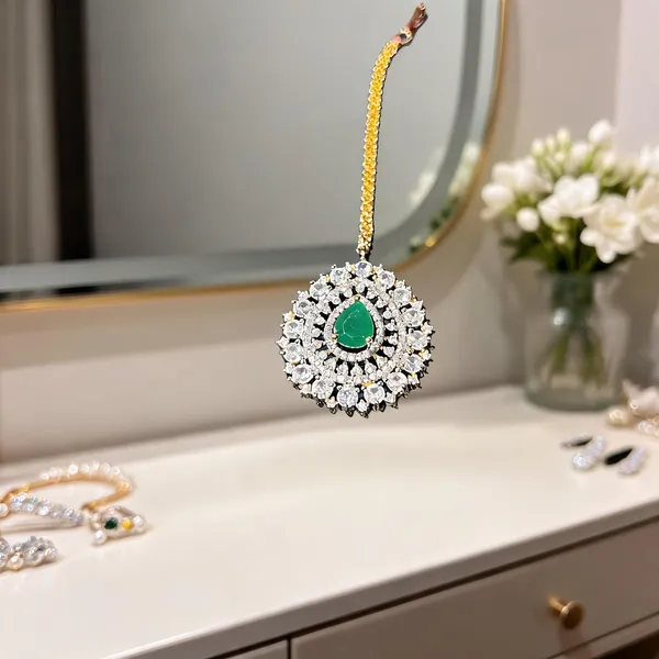 Green_Alloy_Blend_Droplet_Diamond_Maang_Tikka_For_Women