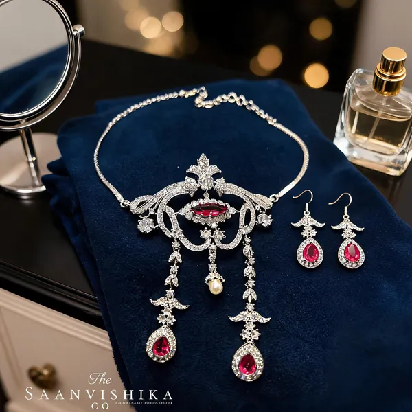 Red_Alloy_Pearl_Gemstone_Necklace_With_Earrings_For_Women