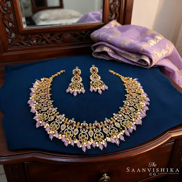 Purple_Alloy_Beaded_Gold_Haram_Set_With_Earrings_For_Women