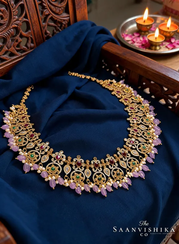Purple_Alloy_Beaded_Gold_Haram_Set_With_Earrings_For_Women