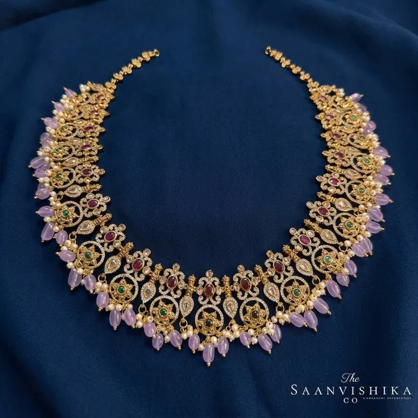 Purple_Alloy_Beaded_Gold_Haram_Set_With_Earrings_For_Women