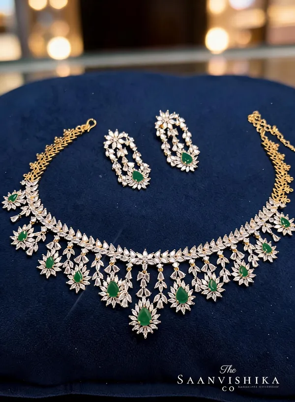Green_Alloy_Droplet_Necklace_With_Earrings_For_Women