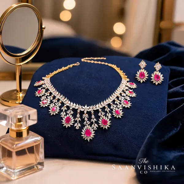 Pink_Alloy_Droplet_Diamond_Necklace_With_Earrings_For_Women