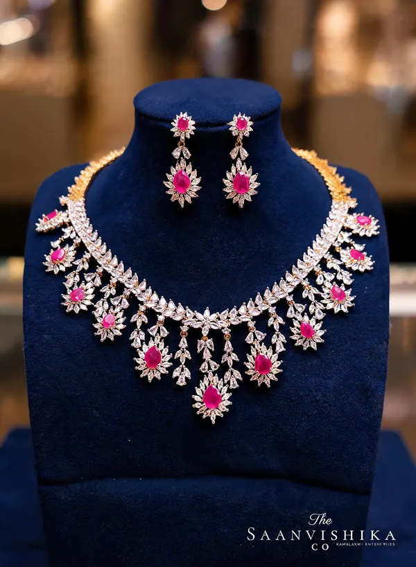 Pink_Alloy_Droplet_Diamond_Necklace_With_Earrings_For_Women
