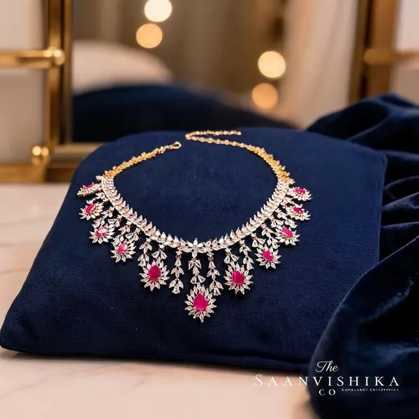 Pink_Alloy_Droplet_Diamond_Necklace_With_Earrings_For_Women