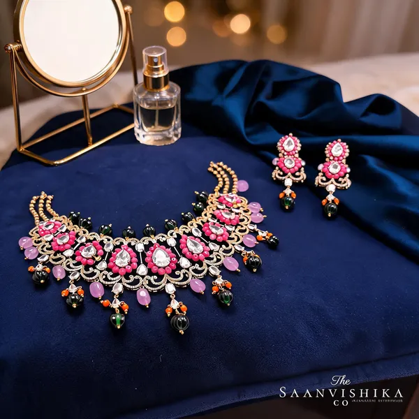 Pink_Alloy_Beaded_Necklace_With_Earrings_For_Women