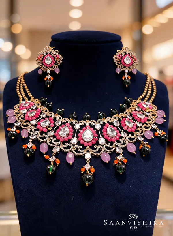 Pink_Alloy_Beaded_Necklace_With_Earrings_For_Women