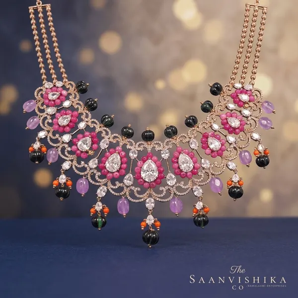Pink_Alloy_Beaded_Necklace_With_Earrings_For_Women