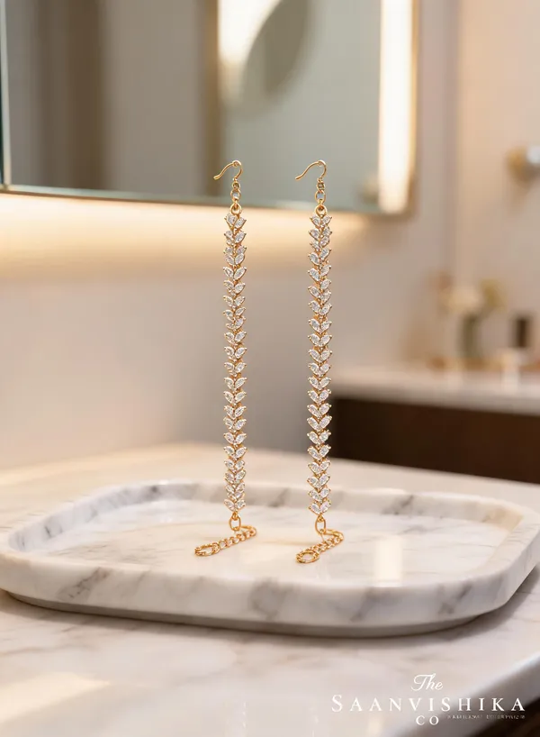 Golden_Alloy_Leaf_Diamond_Replica_Long_Earchain_For_Women