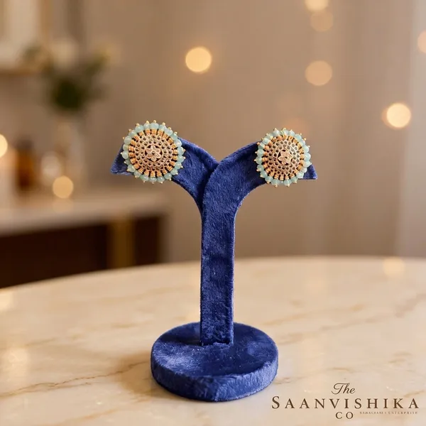 Light_Blue_Alloy_Gold_Beaded_Stud_Earrings_For_Women
