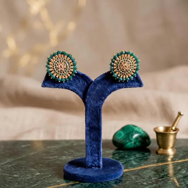 Green_Alloy_Blend_Dark_Beads_Gold_Stud_Earrings_For_Women