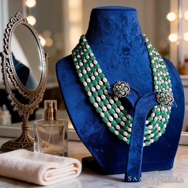 Green_Alloy_5-Line_Beaded_Mala_Necklace_Set_For_Women