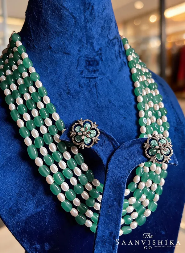 Green_Alloy_5-Line_Beaded_Mala_Necklace_Set_For_Women