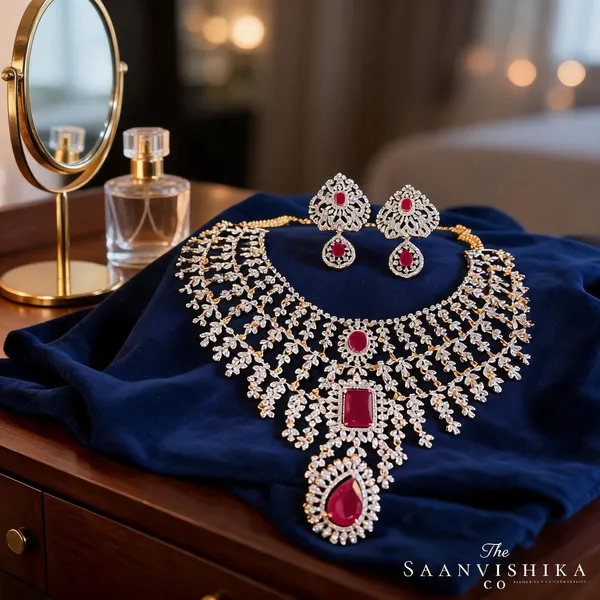 Red_Alloy_Blend_Triple_Gemstone_Cz_Diamond_Necklace_Set_For_Women
