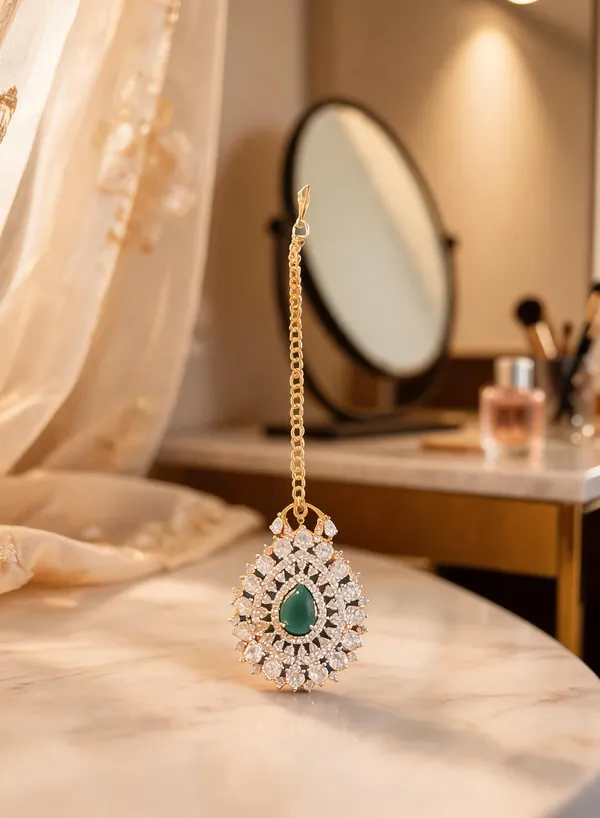 Green_Alloy_Droplet_Floral_Chain_Maang_Tikka_For_Women