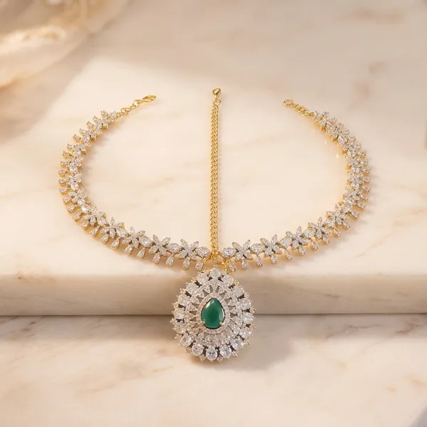 Green_Alloy_Droplet_Floral_Chain_Maang_Tikka_For_Women