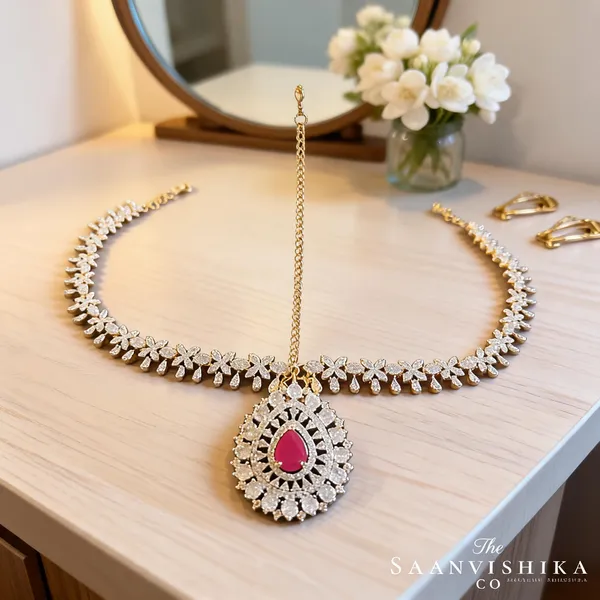 Red_Alloy_Droplet_Floral_Chain_Maang_Tikka_For_Women